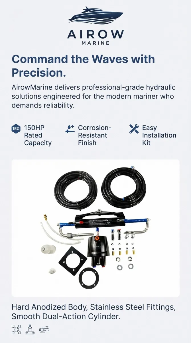 Airow Marine 150HP Hydraulic Steering System Kit infographic showing components, 150HP rated capacity, corrosion-resistant finish, easy installation kit, hard anodized body, stainless steel fittings, smooth dual-action cylinder.