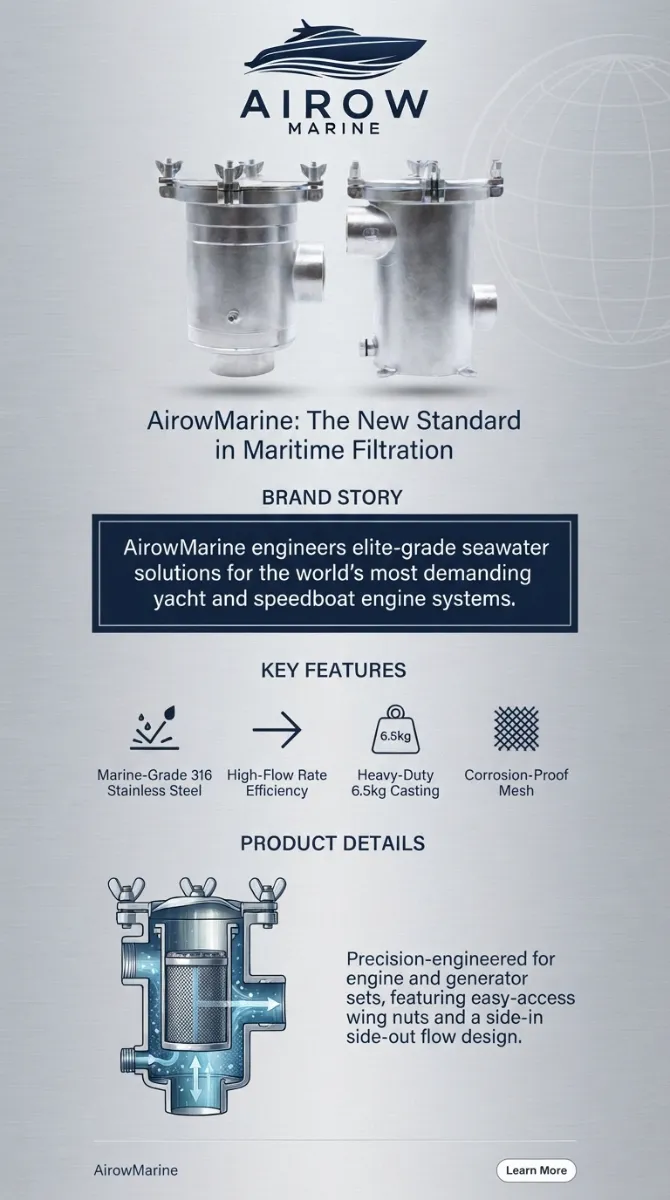 AIROW MARINE branded infographic detailing Marine-Grade 316 Stainless Steel Seawater Filters. Key Features: Marine-Grade 316 Stainless Steel, High-Flow Rate Efficiency, Heavy-Duty 6.5kg Casting, Corrosion-Proof Mesh. Product Details: Precision-engineered for engine and generator sets, easy-access wing nuts, side-in side-out flow design with internal mesh filter diagram.