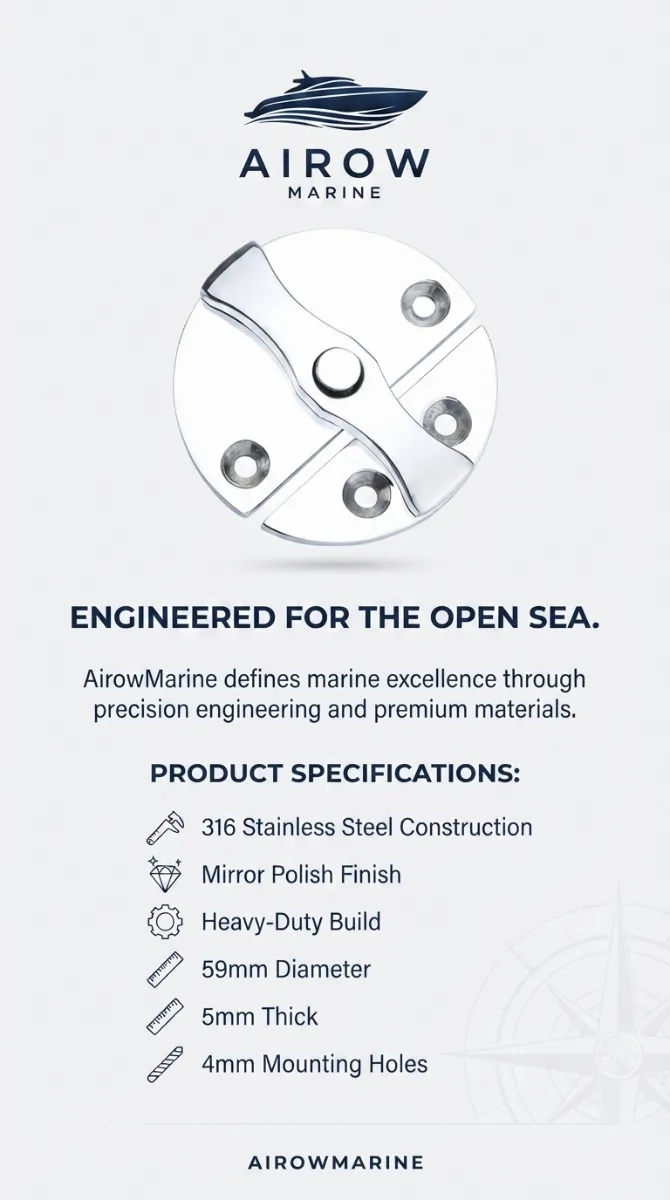 Infographic for AirowMarine marine hardware, detailing product specifications: 316 Stainless Steel Construction, Mirror Polish Finish, Heavy-Duty Build, 59mm Diameter, 5mm Thick, 4mm Mounting Holes. Tagline: Engineered for the Open Sea.