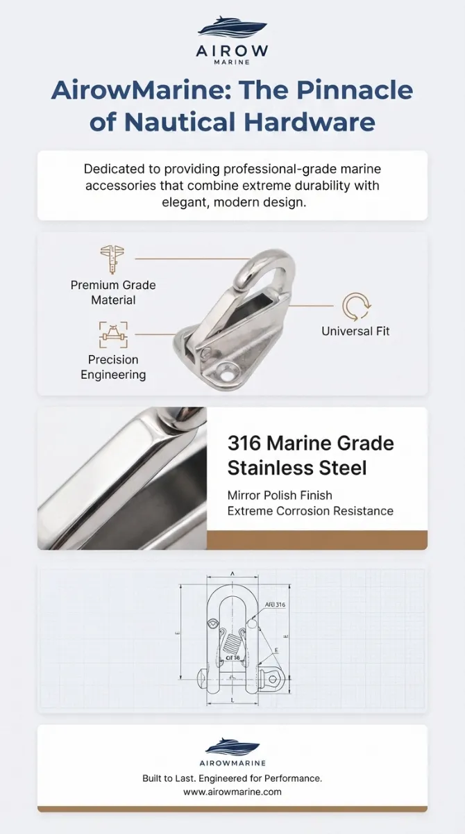 AirowMarine 316 Stainless Steel Marine Hardware Infographic: Premium Grade Material, Precision Engineering, Universal Fit, Mirror Polish Finish, Extreme Corrosion Resistance, with technical dimensions and 'ARI 316' marking.