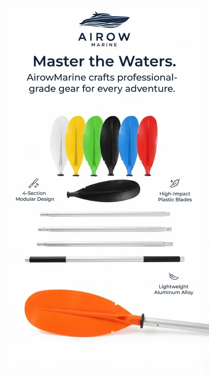 Airow Marine infographic detailing a 4-Section Modular Design paddle with High-Impact Plastic Blades and a Lightweight Aluminum Alloy shaft, emphasizing professional-grade gear