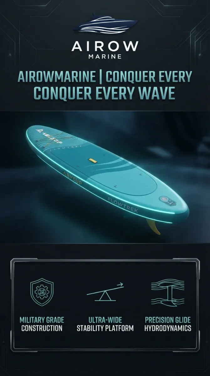Infographic: ABTSUP Flowtrek Paddleboard features Military Grade Construction, Ultra-Wide Stability Platform, and Precision Glide Hydrodynamics for superior performance