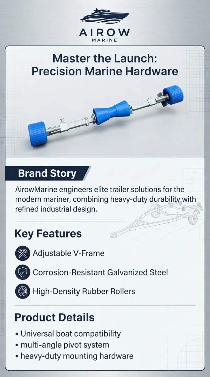 AIROW MARINE Infographic: Master the Launch Precision Marine Hardware. Features Adjustable V-Frame, Corrosion-Resistant Galvanized Steel, High-Density Rubber Rollers. Product Details: Universal boat compatibility, multi-angle pivot system, heavy-duty mounting hardware.