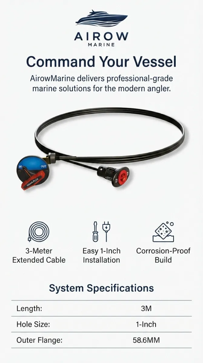 OCR: Airmarine Command Your Vessel. Airmarine delivers professional-grade marine solutions for the modern angler. Image of remote drain plug system. Icons: 3-Meter Extended Cable, Easy 1-Inch Installation, Corrosion-Proof Build. System Specifications: Length: 3M, Hole Size: 1-Inch, Outer Flange: 58.6MM.