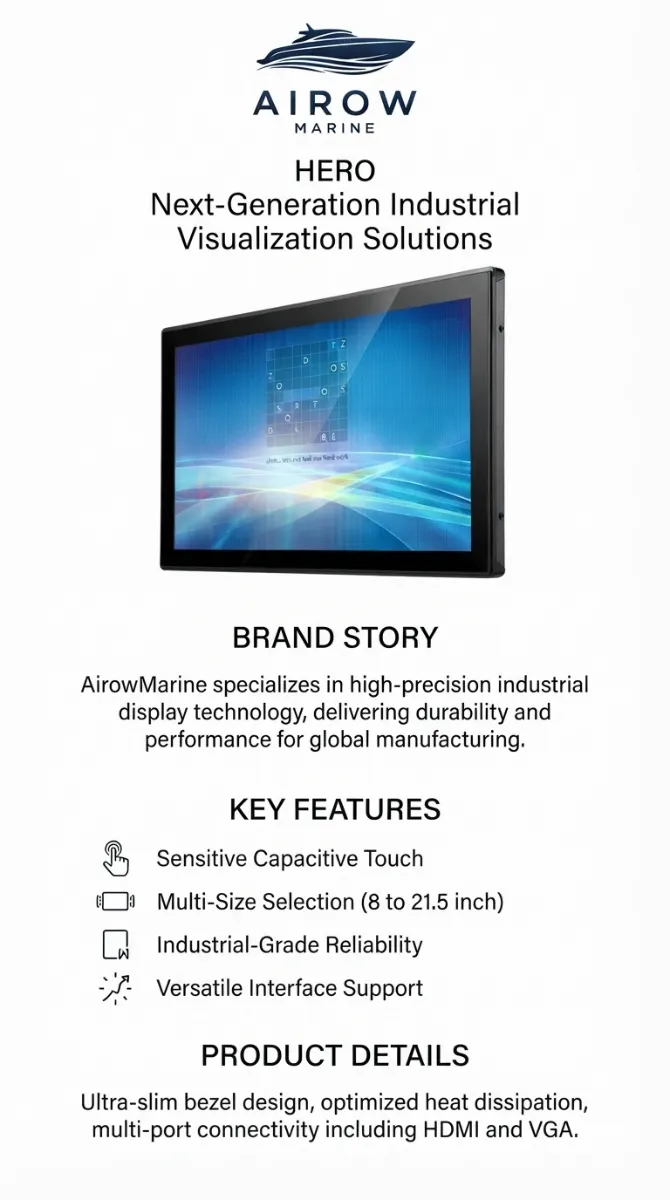 AirOW Marine HERO Next-Generation Industrial Visualization Solutions Infographic: Sensitive Capacitive Touch, Multi-Size, Industrial-Grade Reliability, Versatile Interface Support, Ultra-slim bezel, IP65 waterproof