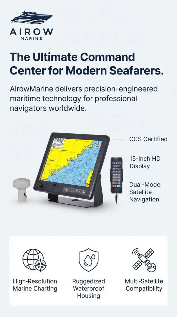 Infographic: Airow Marine GN150 Chart Plotter. The Ultimate Command Center for Modern Seafarers. CCS Certified, 15-Inch HD Display, Dual-Mode Satellite Navigation. Features: High-Resolution Marine Charting, Ruggedized Waterproof Housing, Multi-Satellite Compatibility.