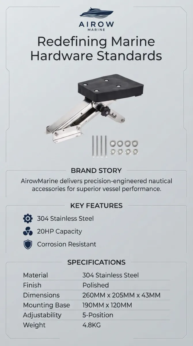 Airow Marine 20HP Engine Mount Infographic: Key Features (304 Stainless Steel, 20HP Capacity, Corrosion Resistant), Specifications (Material: 304 Stainless Steel, Finish: Polished, Dimensions: 260x205x43MM, Mounting Base: 190x120MM, Adjustability: 5-Position, Weight: 4.8KG)