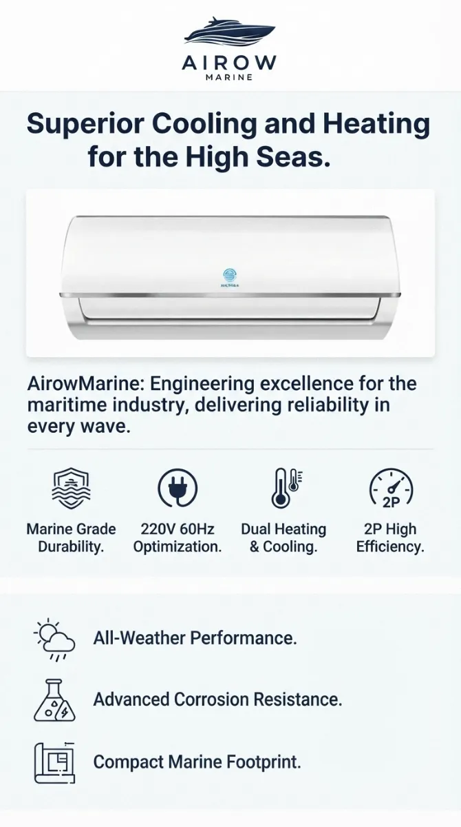 Airow Marine infographic: Superior Cooling and Heating for the High Seas. Features: Marine Grade Durability, 220V 60Hz Optimization, Dual Heating & Cooling, 2P High Efficiency, All-Weather Performance, Advanced Corrosion Resistance, Compact Marine Footprint.
