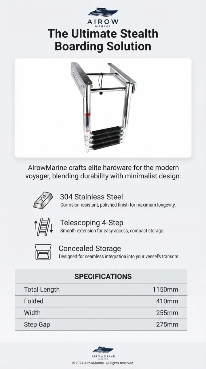 Infographic: AIROW MARINE The Ultimate Stealth Boarding Solution. Features: 304 Stainless Steel, Telescoping 4-Step, Concealed Storage. Specifications: Total Length 1150mm, Folded 410mm, Width 255mm, Step Gap 275mm.
