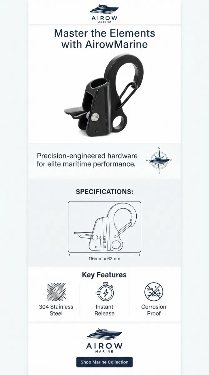 Infographic detailing AirOW Marine 304 Stainless Steel Quick-Release Rope Hook. Features include instant release, corrosion proof, and dimensions 116mm x 62mm. Highlights precision engineering for elite maritime performance with AirOW Marine branding.