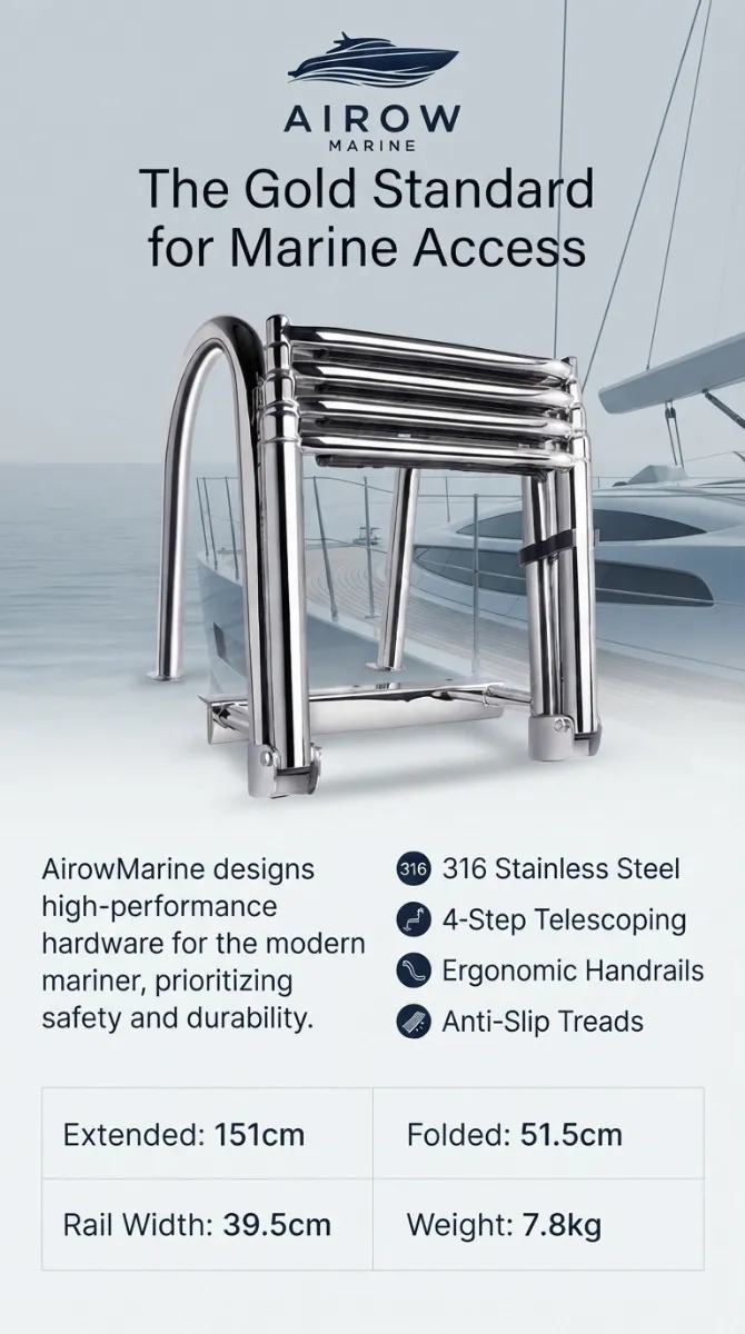Infographic: AIROW MARINE The Gold Standard for Marine Access. Features: 316 Stainless Steel, 4-Step Telescoping, Ergonomic Handrails, Anti-Slip Treads. Dimensions: Extended 151cm, Folded 51.5cm, Rail Width 39.5cm, Weight 7.8kg.