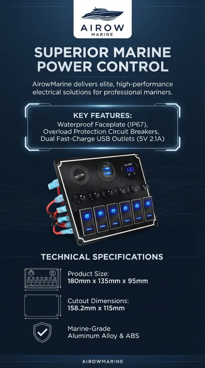Airow Marine Superior Marine Power Control. Key Features: Waterproof Faceplate (IP67), Overload Protection Circuit Breakers, Dual Fast-Charge USB Outlets (5V 2.1A). Technical Specifications: Product Size: 180mm x 135mm x 95mm. Cutout Dimensions: 158.2mm x 115mm. Marine-Grade Aluminum Alloy & ABS.