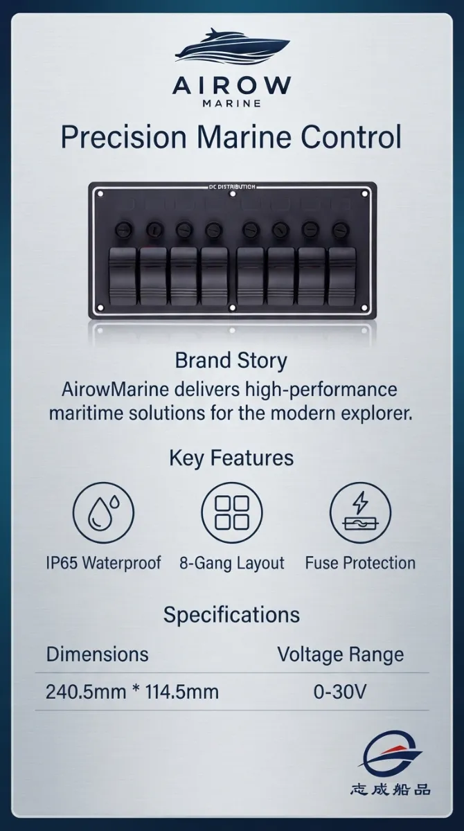 Infographic for Airow Marine Precision Marine Control 8-Gang Switch Panel detailing key features: IP65 Waterproof, 8-Gang Layout, Fuse Protection. Specifications include Dimensions 240.5mm x 114.5mm and Voltage Range 0-30V.