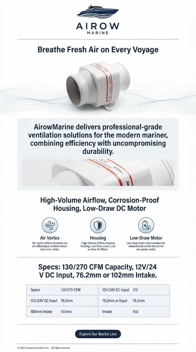 Airow Marine Ventilation Solutions Infographic: High-Volume Airflow, Corrosion-Proof Housing, Low-Draw DC Motor. Specs: 130/270 CFM Capacity, 12V/24V DC Input, 76.2mm or 102mm Intake