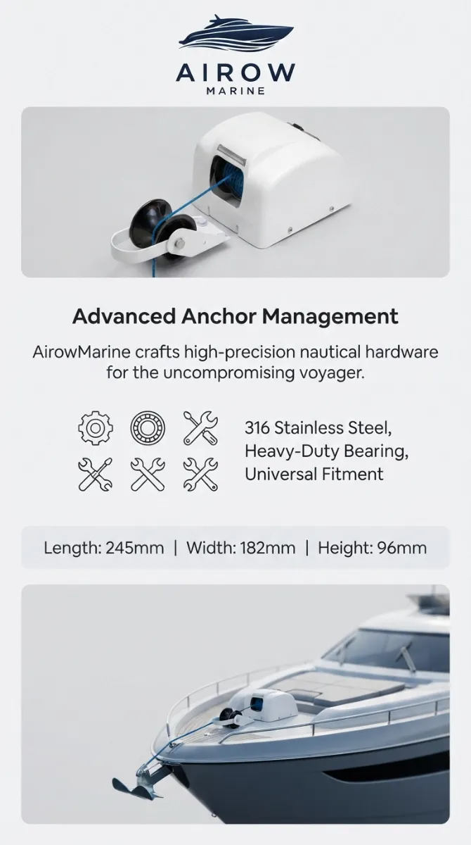 AIROW MARINE Advanced Anchor Management Infographic highlighting 316 Stainless Steel, Heavy-Duty Bearing, Universal Fitment, dimensions L245mm W182mm H96mm, and showing an electric anchor windlass installed on a yacht bow