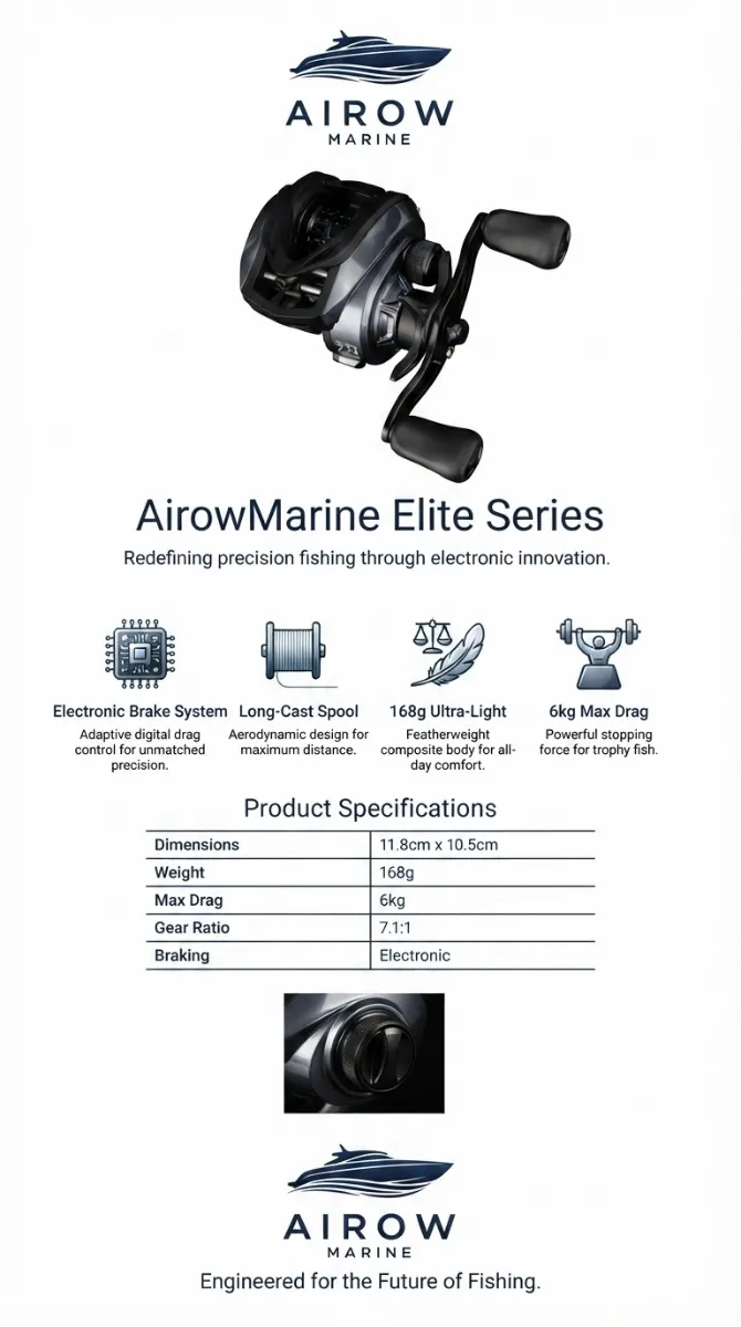 Airow Marine Elite Series Infographic detailing Electronic Brake System, Long-Cast Spool, 168g Ultra-Light weight, 6kg Max Drag. Product specifications: Dimensions 11.8cm x 10.5cm, Weight 168g, Max Drag 6kg, Gear Ratio 7.1:1, Braking Electronic. Features an image of the reel and the Airow Marine logo.