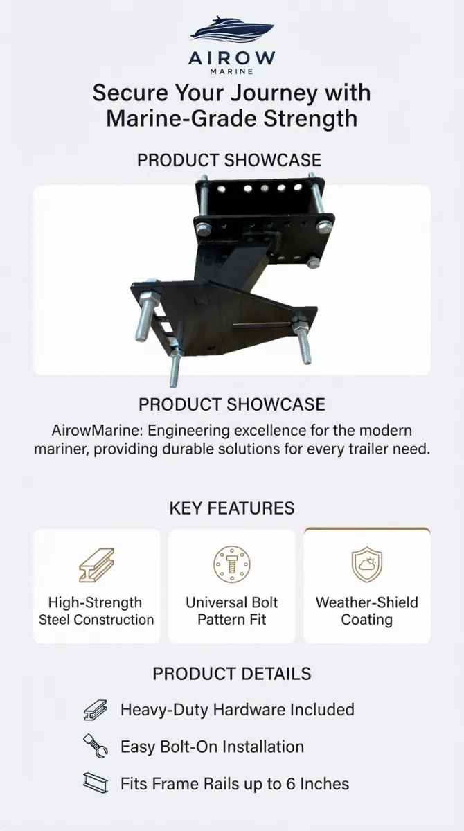 Airow Marine Secure Your Journey with Marine-Grade Strength. PRODUCT SHOWCASE. AirowMarine: Engineering excellence for the modern mariner, providing durable solutions for every trailer need. KEY FEATURES: High-Strength Steel Construction, Universal Bolt Pattern Fit, Weather-Shield Coating. PRODUCT DETAILS: Heavy-Duty Hardware Included, Easy Bolt-On Installation, Fits Frame Rails up to 6 Inches.