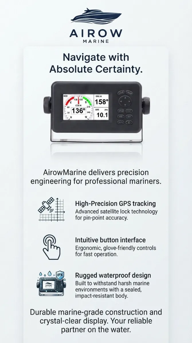 Infographic: Airow Marine HP-528 GPS Chartplotter features including High-Precision GPS tracking, Intuitive button interface, and Rugged waterproof design with IPX rating
