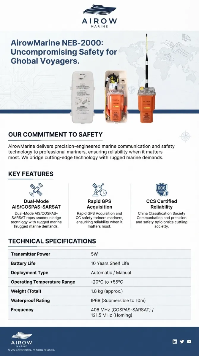AIROW MARINE NEB-2000 Marine AIS Satellite EPIRB Infographic with Key Features and Technical Specifications including Dual-Mode AIS/COSPAS-SARSAT, Rapid GPS, CCS Certification, 10-year battery, IP68 waterproof rating, and 406/121.5 MHz frequencies.
