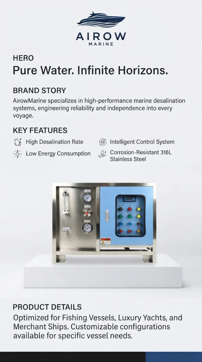 AIROW MARINE Pure Water. Infinite Horizons. Brand Story: AirRowMarine specializes in high-performance marine desalination systems. Key Features: High Desalination Rate, Low Energy Consumption, Intelligent Control System, Corrosion-Resistant 316L Stainless Steel. Product Details: Optimized for Fishing Vessels, Luxury Yachts, and Merchant Ships. Customizable configurations available for specific vessel needs.