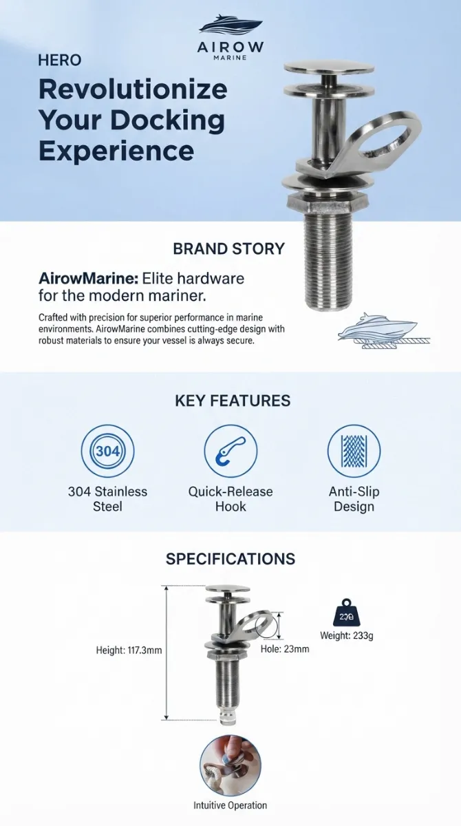 AirowMarine Marine Fender Bracket Infographic with 304 Stainless Steel, Quick-Release Hook, Anti-Slip Design, Height 117.3mm, Hole 23mm, Weight 233g, Intuitive Operation