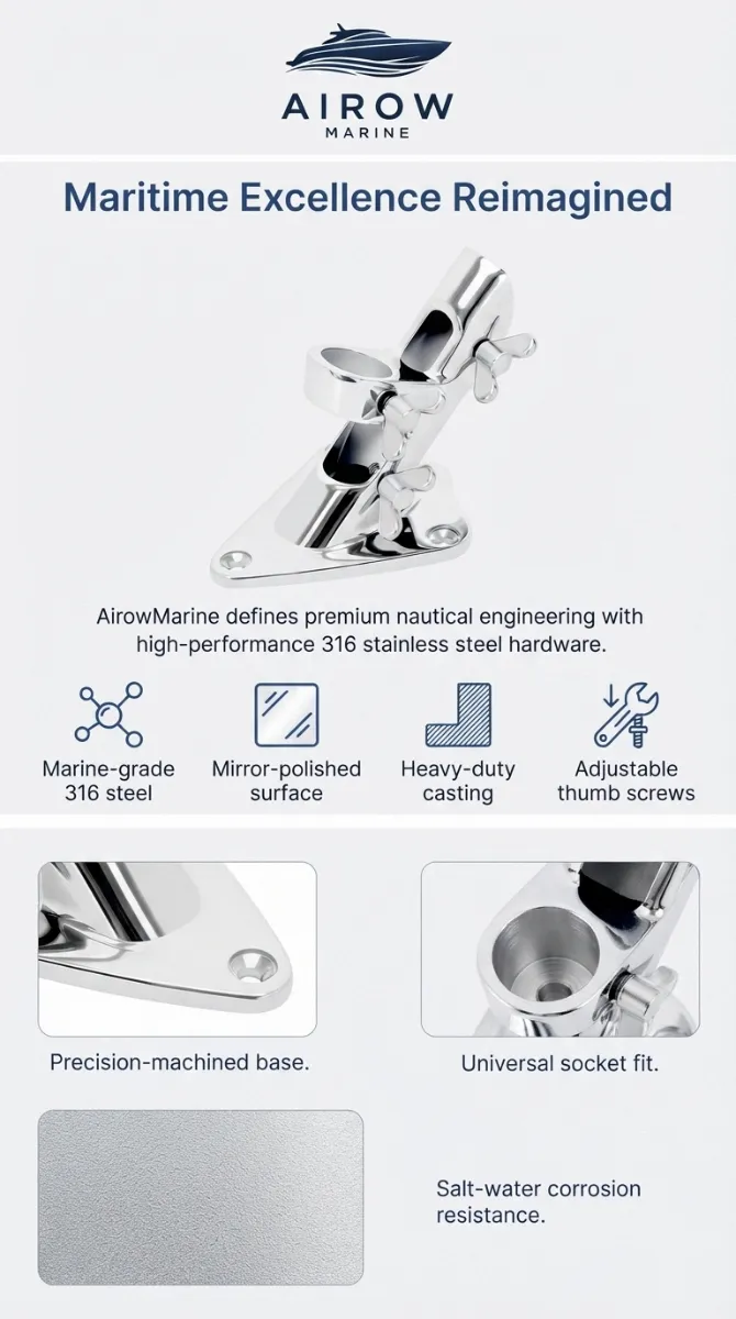AIROW MARINE logo and 'Maritime Excellence Reimagined'. Large image of flagpole base. Text: 'AirowMarine defines premium nautical engineering with high-performance 316 stainless steel hardware.' Icons with text: 'Marine-grade 316 steel', 'Mirror-polished surface', 'Heavy-duty casting', 'Adjustable thumb screws'. Detail images: 'Precision-machined base', 'Universal socket fit'. Text box: 'Salt-water corrosion resistance.'