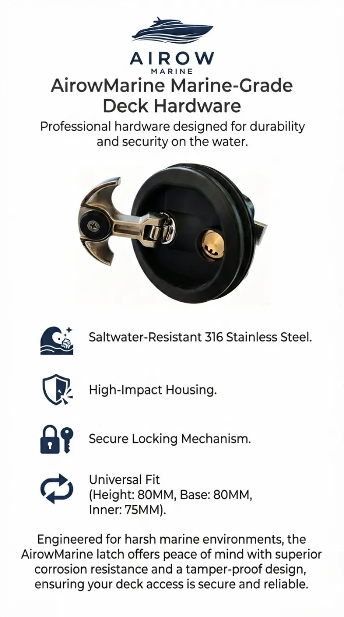 Infographic detailing AirowMarine Deck Hardware features: Saltwater-Resistant 316 Stainless Steel, High-Impact Housing, Secure Locking Mechanism, Universal Fit Dimensions (Height: 80MM, Base: 80MM, Inner: 75MM). Engineered for harsh marine environments.