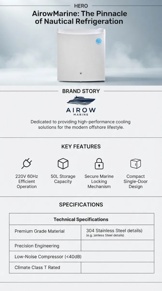 AirowMarine 50L Marine Refrigerator Infographic: 220V 60Hz, 50L Capacity, Secure Marine Lock, Compact Design, 304 Stainless Steel details, Low-Noise Compressor (<40dB), Climate Class T Rated