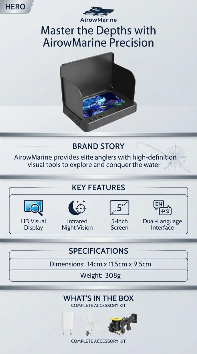 Infographic: AirowMarine Master the Depths with AirowMarine Precision. Brand Story: AirowMarine provides elite anglers with high-definition visual tools. Key Features: HD Visual Display, Infrared Night Vision, 5-Inch Screen, Dual-Language Interface (English & Chinese). Specifications: Dimensions 14cm x 11.5cm x 9.5cm, Weight 308g. What's In The Box: Complete Accessory Kit including charger, USB cable, and underwater camera.