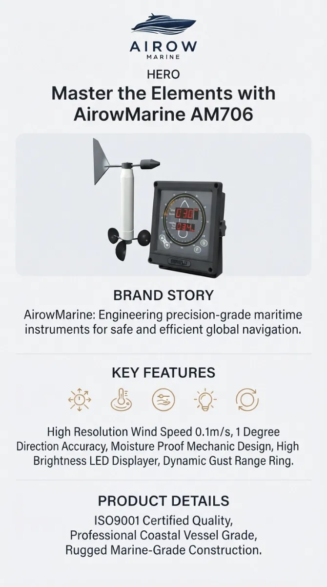 Infographic detailing AirowMarine AM706 features: 0.1m/s wind speed resolution, 1 degree direction accuracy, moisture-proof design, high brightness LED, dynamic gust ring. ISO9001 certified, professional coastal vessel grade, rugged marine-grade construction.