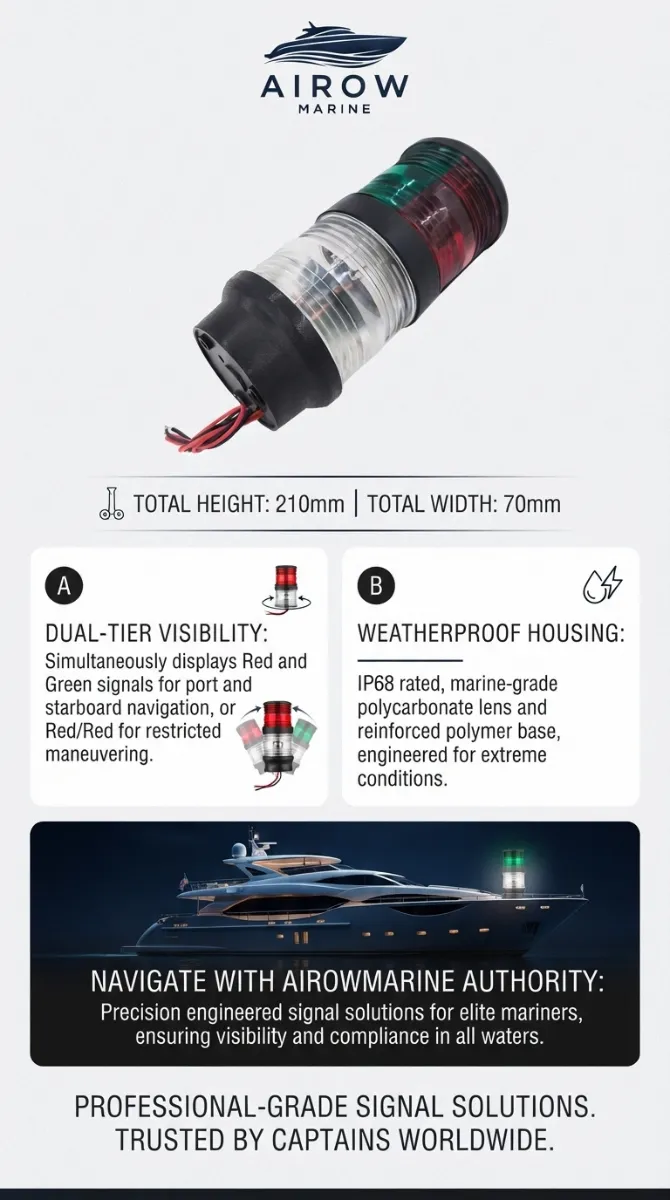 AIROW MARINE dual-tier navigation light infographic detailing total height 210mm, width 70mm, dual-tier visibility for port/starboard (red/green) and restricted maneuvering (red/red), and weatherproof IP68 marine-grade polycarbonate housing.