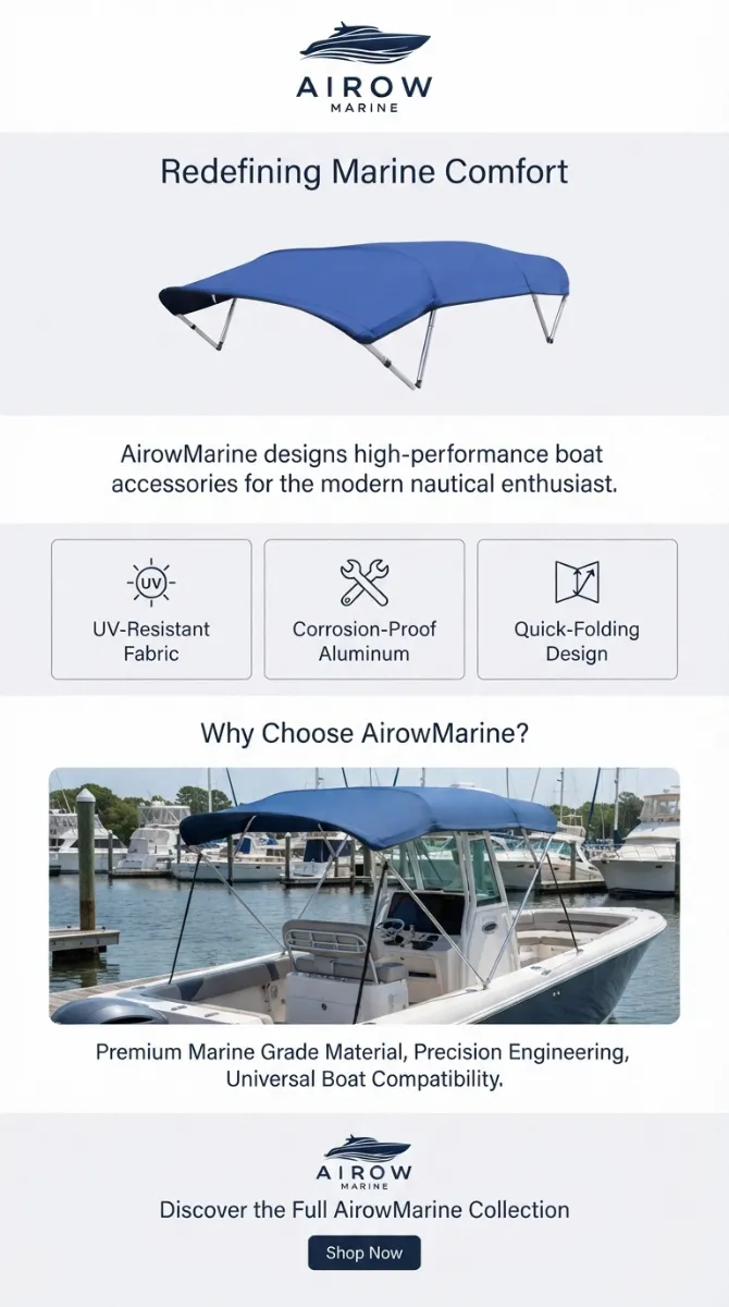 AirowMarine Bimini Top features infographic showing UV-Resistant Fabric, Corrosion-Proof Aluminum frame, Quick-Folding Design, and a lifestyle image of the canopy installed on a center console boat at a marina.