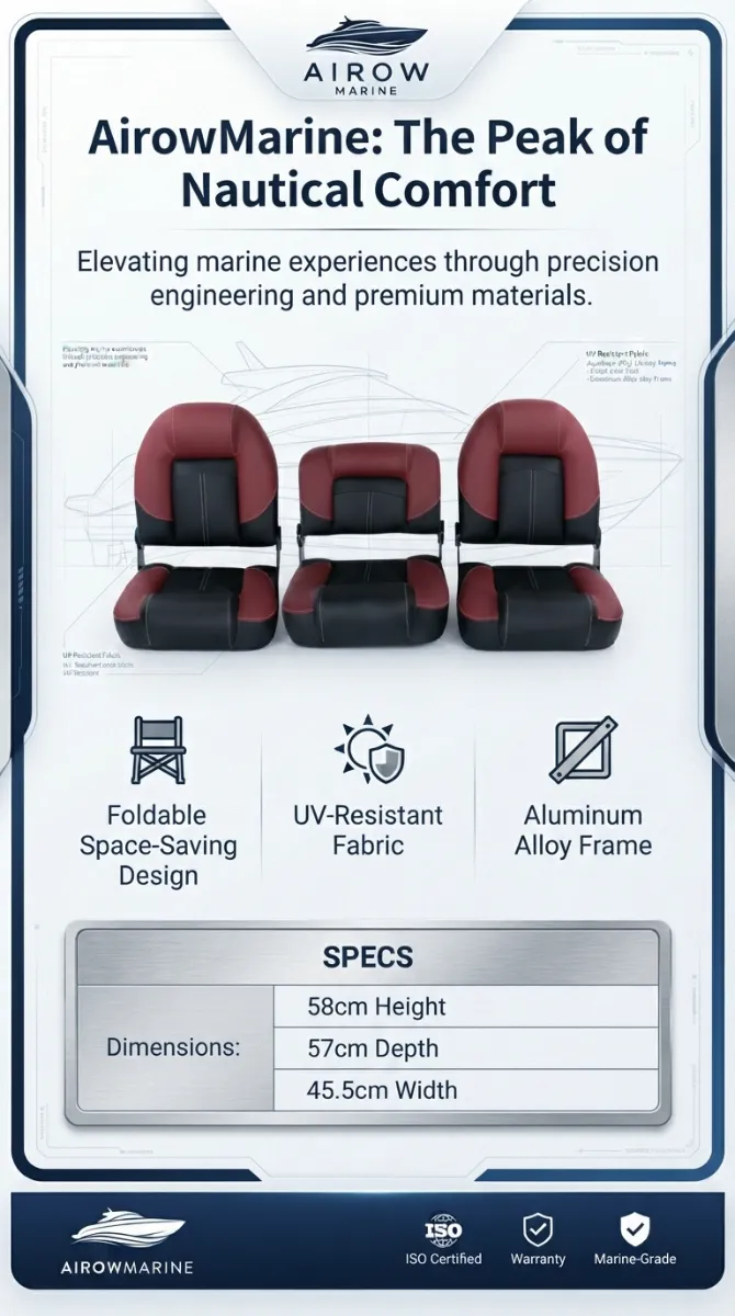 AirowMarine Marine Pilot Seats Infographic: The Peak of Nautical Comfort. Elevating marine experiences through precision engineering and premium materials. Features: Foldable Space-Saving Design, UV-Resistant Fabric, Aluminum Alloy Frame. Dimensions: 58cm Height, 57cm Depth, 45.5cm Width. ISO Certified, Warranty, Marine-Grade.