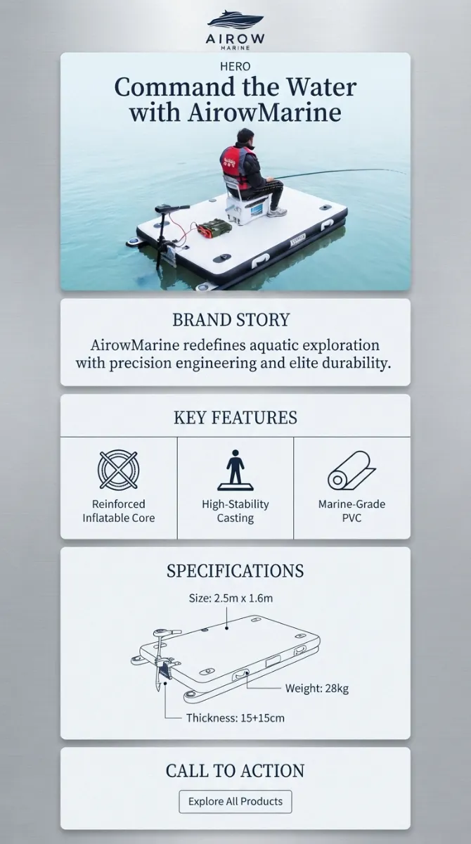 OCR MODE: AirowMarine HERO - Command the Water with AirowMarine. BRAND STORY: AirowMarine redefines aquatic exploration with precision engineering and elite durability. KEY FEATURES: Reinforced Inflatable Core, High-Stability Casting, Marine-Grade PVC. SPECIFICATIONS: Size: 2.5m x 1.6m, Weight: 28kg, Thickness: 15+15cm. CALL TO ACTION: Explore All Products.