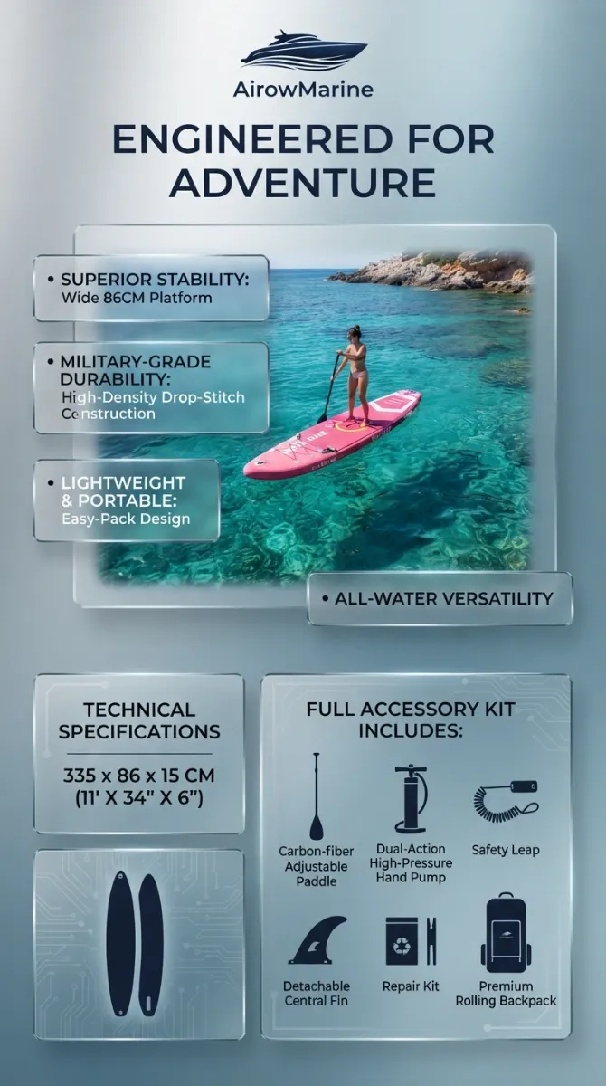 AirowMarine Engineered for Adventure Inflatable SUP. Features: Superior Stability Wide 86CM Platform. Military-Grade Durability High-Density Drop-Stitch Construction. Lightweight & Portable Easy-Pack Design. All-Water Versatility. Technical Specifications: 335 x 86 x 15 CM (11' x 34'' x 6''). Full Accessory Kit Includes: Carbon-fiber Adjustable Paddle, Dual-Action High-Pressure Hand Pump, Safety Leash, Detachable Central Fin, Repair Kit, Premium Rolling Backpack.