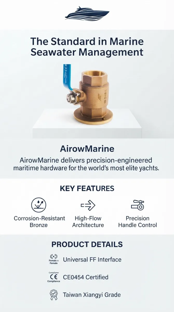 Infographic detailing AirowMarine Marine Bronze Seabed Valve features: Corrosion-Resistant Bronze, High-Flow Architecture, Precision Handle Control, Universal FF Interface, CE0454 Certified, and Taiwan Xiangyi Grade.