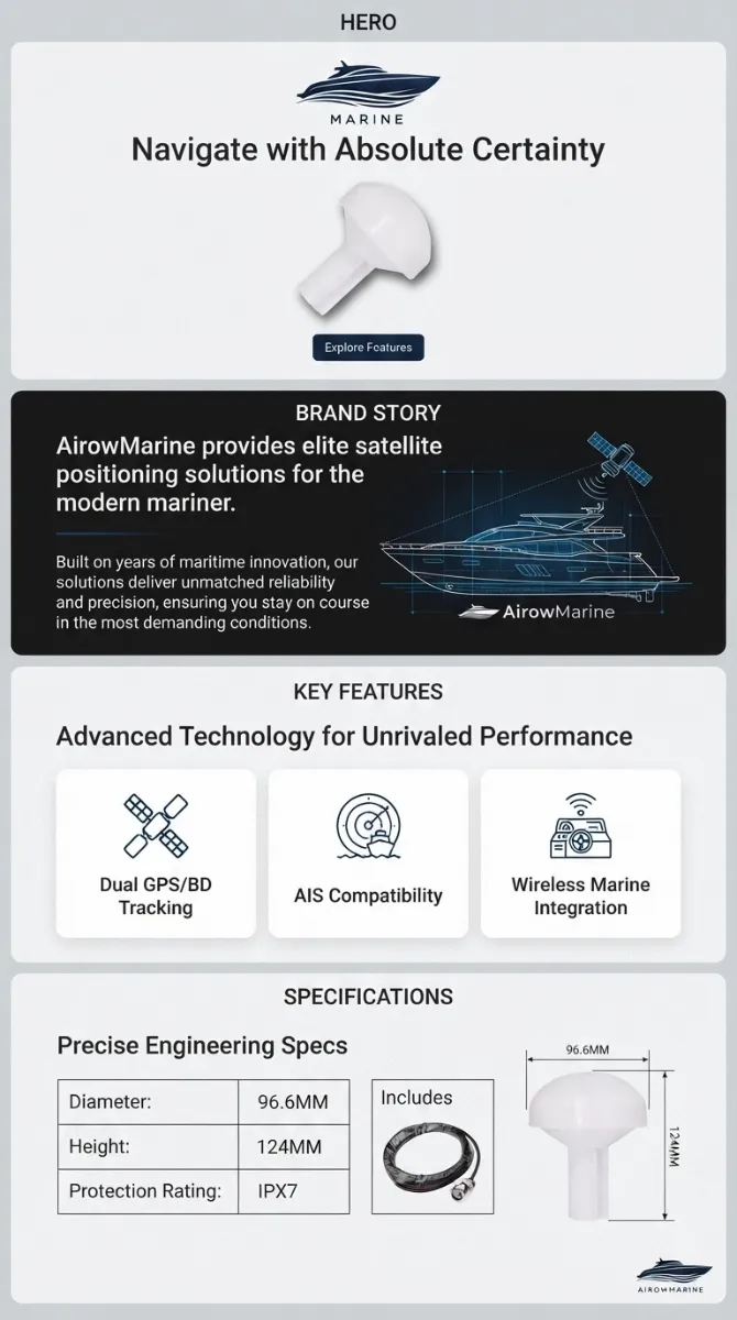 Infographic detailing AirowMarine GPS/BD Tracking Antenna. Top banner: HERO Marine - Navigate with Absolute Certainty, showing antenna. Brand Story: AirowMarine provides elite satellite positioning solutions for the modern mariner. Built on years of maritime innovation, our solutions deliver unmatched reliability and precision, ensuring you stay on course in the most demanding conditions. Key Features: Advanced Technology for Unrivaled Performance with icons for Dual GPS/BD Tracking, AIS Compatibility, Wireless Marine Integration. Specifications: Precise Engineering Specs table showing Diameter: 96.6MM, Height: 124MM, Protection Rating: IPX7. Includes: Antenna and connection cable. Diagram showing dimensions: 96.6MM diameter, 124MM height.