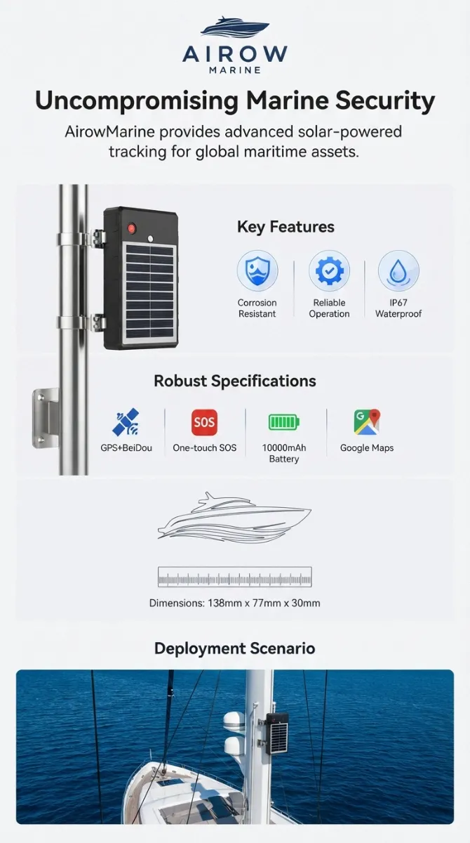 Infographic: AirowMarine Uncompromising Marine Security, Key Features: Corrosion Resistant, Reliable Operation, IP67 Waterproof. Robust Specifications: GPS+BeiDou, One-touch SOS, 10000mAh Battery, Google Maps. Dimensions: 138mm x 77mm x 30mm. Deployment Scenario showing tracker mounted on a boat mast.