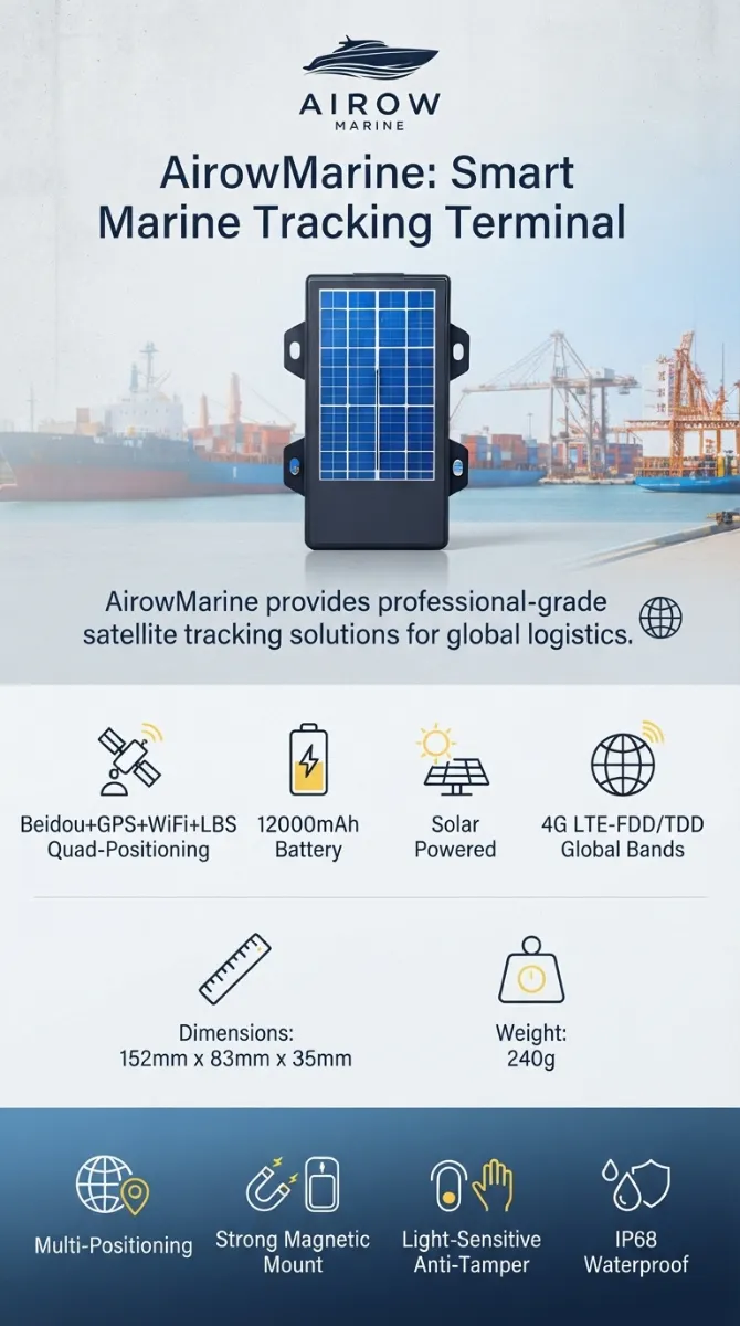 AirowMarine Smart Marine Tracking Terminal Infographic: Beidou+GPS+WiFi+LBS Quad-Positioning, 12000mAh Battery, Solar Powered, 4G LTE-FDD/TDD Global Bands, Dimensions 152mm x 83mm x 35mm, Weight 240g, Multi-Positioning, Strong Magnetic Mount, Light-Sensitive Anti-Tamper, IP68 Waterproof