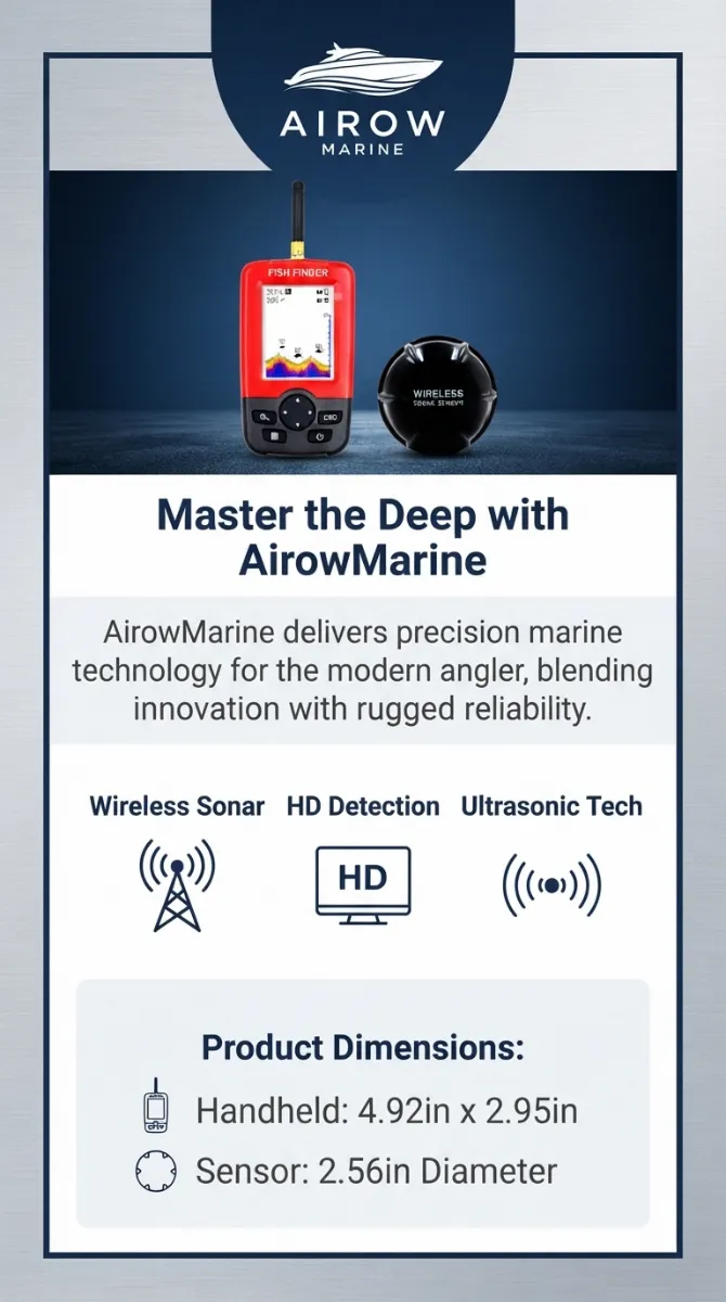 AirowMarine Fish Finder infographic showcasing Wireless Sonar, HD Detection, Ultrasonic Tech. Product Dimensions: Handheld 4.92in x 2.95in, Sensor 2.56in Diameter. Text: 'Master the Deep with AirowMarine. AirowMarine delivers precision marine technology for the modern angler, blending innovation with rugged reliability.'
