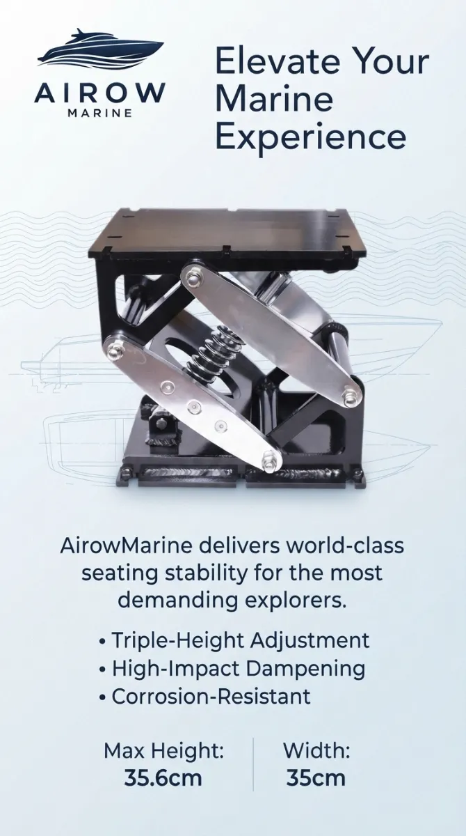 Infographic: AirOW Marine shock-absorbing seat mount features including triple-height adjustment, high-impact dampening, corrosion resistance, Max Height 35.6cm, Width 35cm.