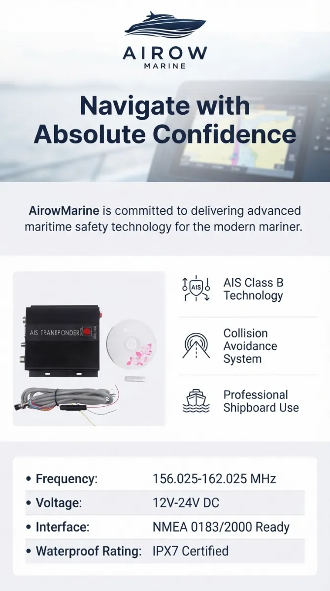 AirowMarine AIS Class B Transponder HA-102 with Collision Avoidance System. Displays frequency 156.025-162.025 MHz, voltage 12V-24V DC, NMEA 0183/2000 interface, and IPX7 waterproof rating. Professional shipboard use technology for navigation.