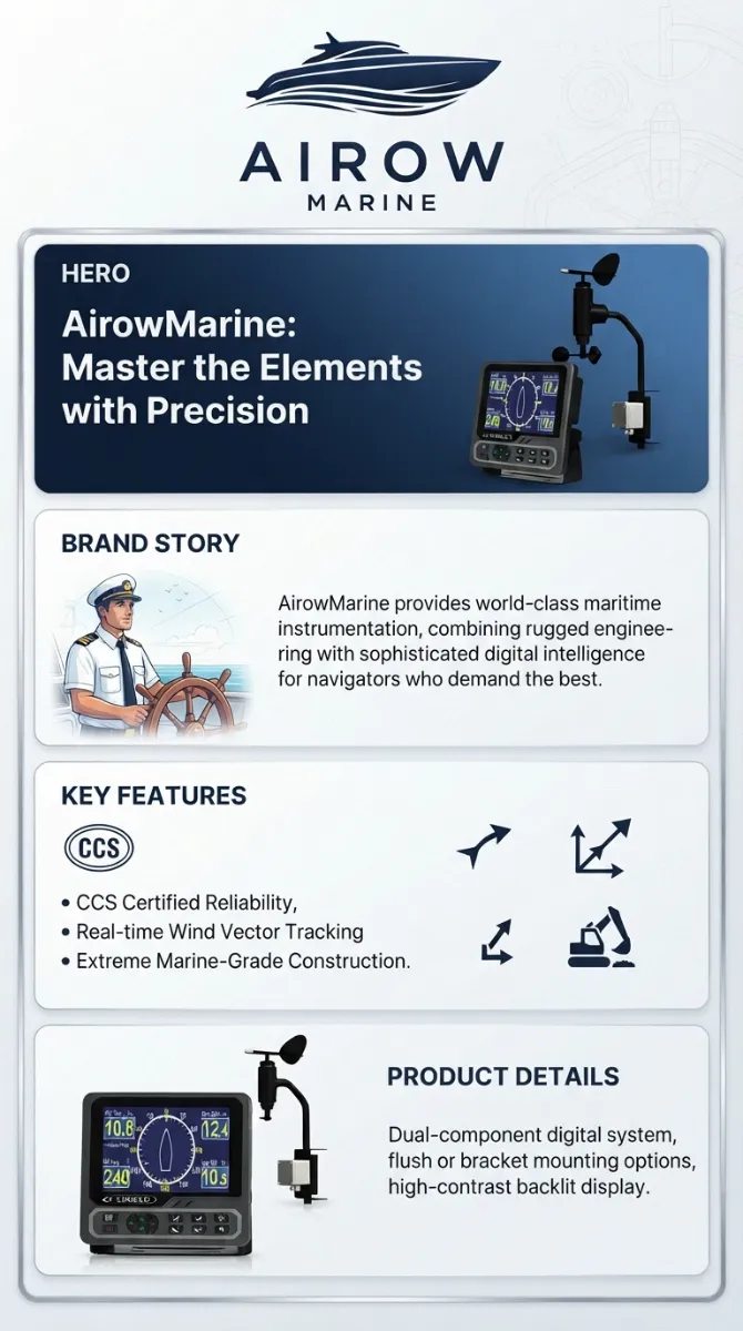 AIROW MARINE AM708 Wind Sensor Infographic highlighting 'Master the Elements with Precision', 'CCS Certified Reliability', 'Real-time Wind Vector Tracking', 'Extreme Marine-Grade Construction', 'Dual-component digital system', 'flush or bracket mounting options', and 'high-contrast backlit display'.