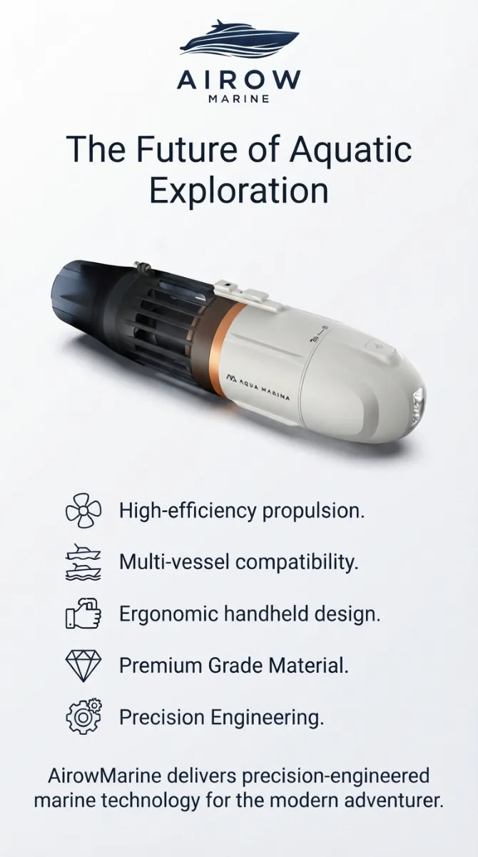 Infographic: Airow Marine Electric Underwater Propeller features: High-efficiency propulsion, Multi-vessel compatibility, Ergonomic handheld design, Premium Grade Material, Precision Engineering