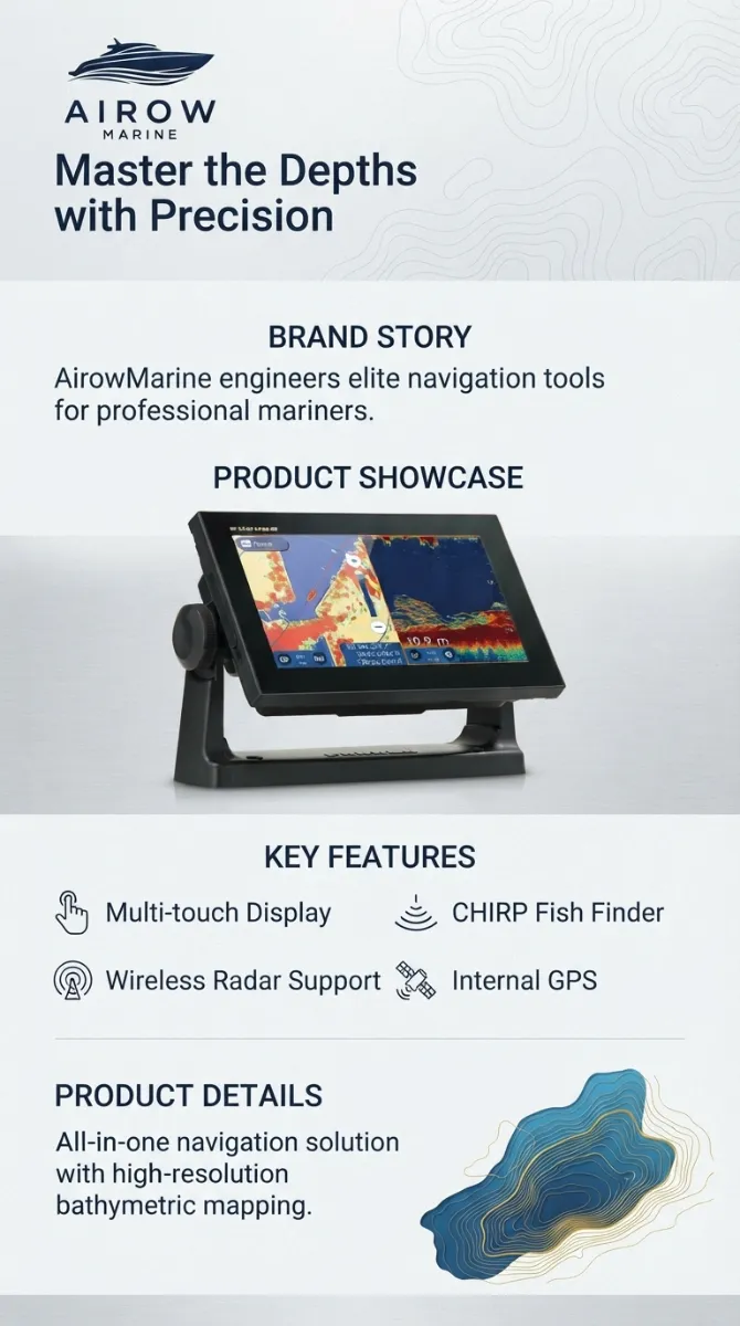 AIROW MARINE Furuno GP-1971F GPS Chart Plotter Key Features Infographic: Multi-touch Display, CHIRP Fish Finder, Wireless Radar Support, Internal GPS, High-resolution Bathymetric Mapping