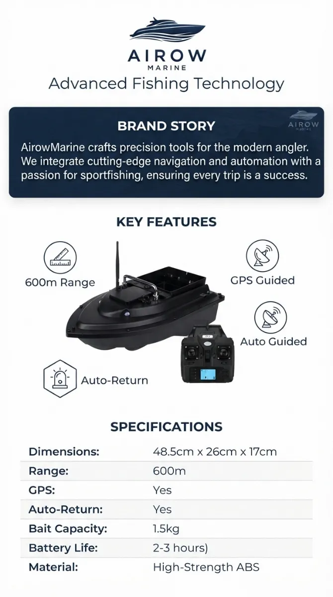 Infographic: Airow Marine Advanced Fishing Technology. Brand Story: Precision tools for modern angler, cutting-edge navigation and automation for sportfishing. Key Features: 600m Range, GPS Guided, Auto Guided, Auto-Return. Specifications: Dimensions 48.5cm x 26cm x 17cm, Range 600m, GPS Yes, Auto-Return Yes, Bait Capacity 1.5kg, Battery Life 2-3 hours, Material High-Strength ABS. Image shows bait boat with remote control unit.
