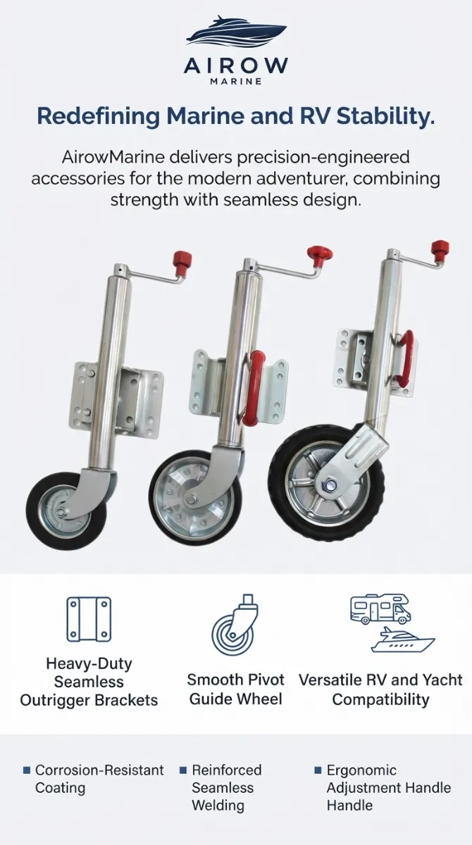 Infographic detailing AirowMarine Pivot Guide Wheel Jack features: Heavy-Duty Seamless Outrigger Brackets, Smooth Pivot Guide Wheel, Versatile RV and Yacht Compatibility, Corrosion-Resistant Coating, Reinforced Seamless Welding, and Ergonomic Adjustment Handle. Product shown from multiple angles.