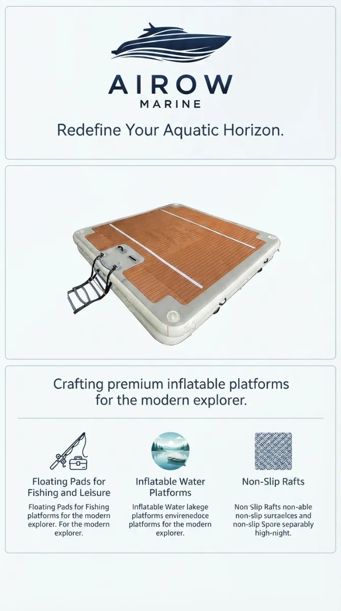 AIROW MARINE logo and tagline 'Redefine Your Aquatic Horizon'. Crafting premium inflatable platforms for the modern explorer. Icons and text: Floating Pads for Fishing and Leisure, Inflatable Water Platforms, Non-Slip Rafts. Highlighting Drop-Stitch PVC construction and non-slip surface.