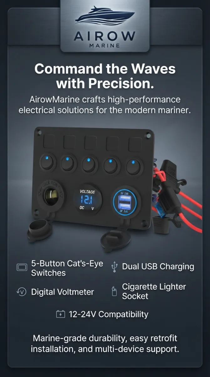 AIROW MARINE 5-Button Cat's-Eye Switches, Dual USB Charging, Digital Voltmeter, Cigarette Lighter Socket, 12-24V Compatibility Infographic
