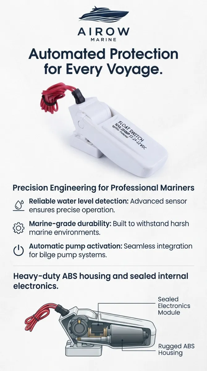 AIROW MARINE Float Switch Infographic: Automated Protection, Precision Engineering, Reliable Water Level Detection, Marine-Grade Durability, Automatic Pump Activation, Heavy-Duty ABS Housing, Sealed Electronics Module, Rugged ABS Housing diagram.